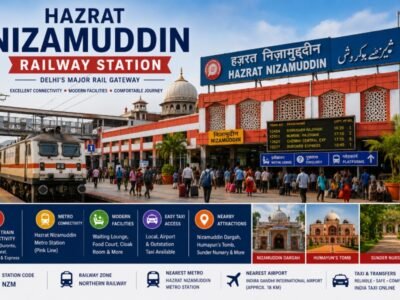 Hazrat Nizamuddin Railway Station in New Delhi featuring railway platforms, modern station building, passenger trains, and convenient transport connectivity