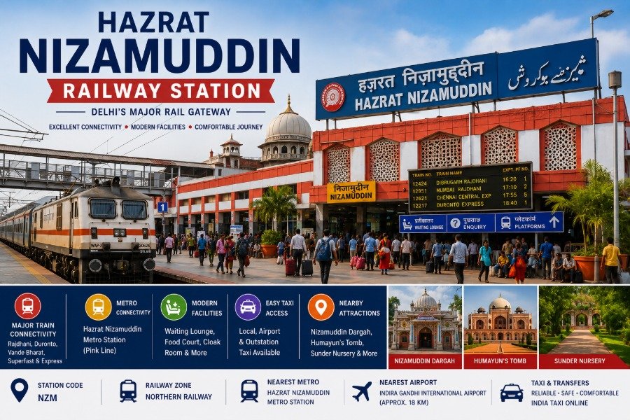 Hazrat Nizamuddin Railway Station in New Delhi featuring railway platforms, modern station building, passenger trains, and convenient transport connectivity