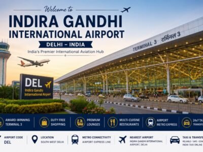 Indira Gandhi International Airport in New Delhi featuring Terminal 3, aircraft, Airport Metro Express, premium lounges, Duty Free shopping, and modern airport infrastructure