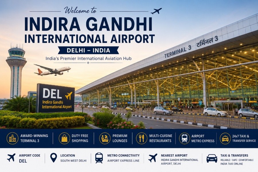 Indira Gandhi International Airport in New Delhi featuring Terminal 3, aircraft, Airport Metro Express, premium lounges, Duty Free shopping, and modern airport infrastructure