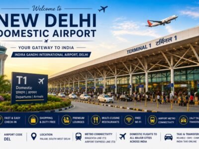 New Delhi Domestic Airport featuring Terminal 1, Terminal 3, passenger check-in counters, aircraft, Airport Metro, and modern airport facilities