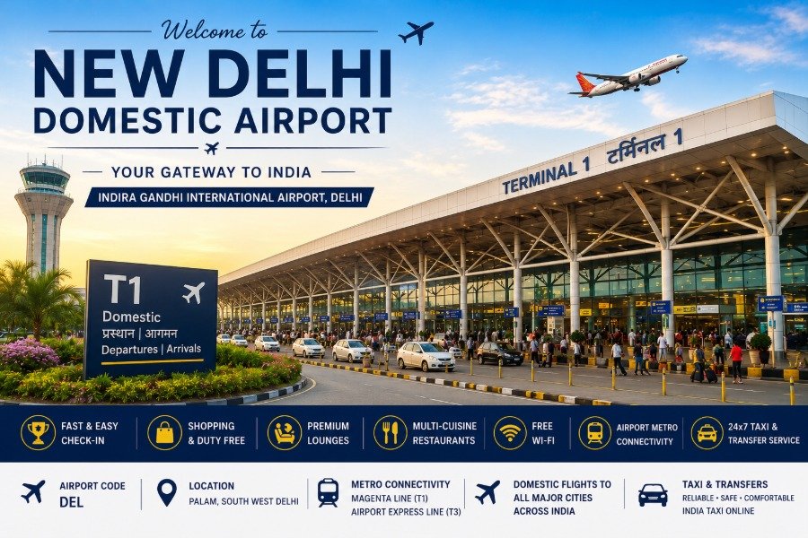 New Delhi Domestic Airport featuring Terminal 1, Terminal 3, passenger check-in counters, aircraft, Airport Metro, and modern airport facilities