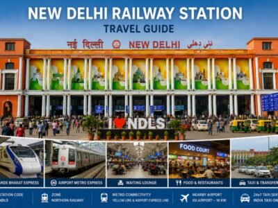 New Delhi Railway Station featuring modern station building, railway platforms, passenger trains, Airport Metro connectivity, and convenient transport services