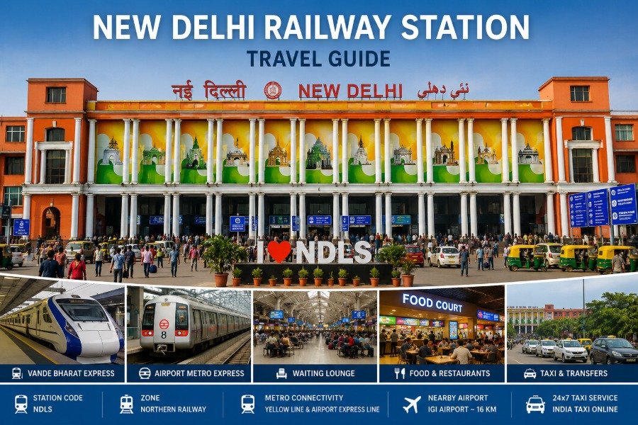 New Delhi Railway Station featuring modern station building, railway platforms, passenger trains, Airport Metro connectivity, and convenient transport services
