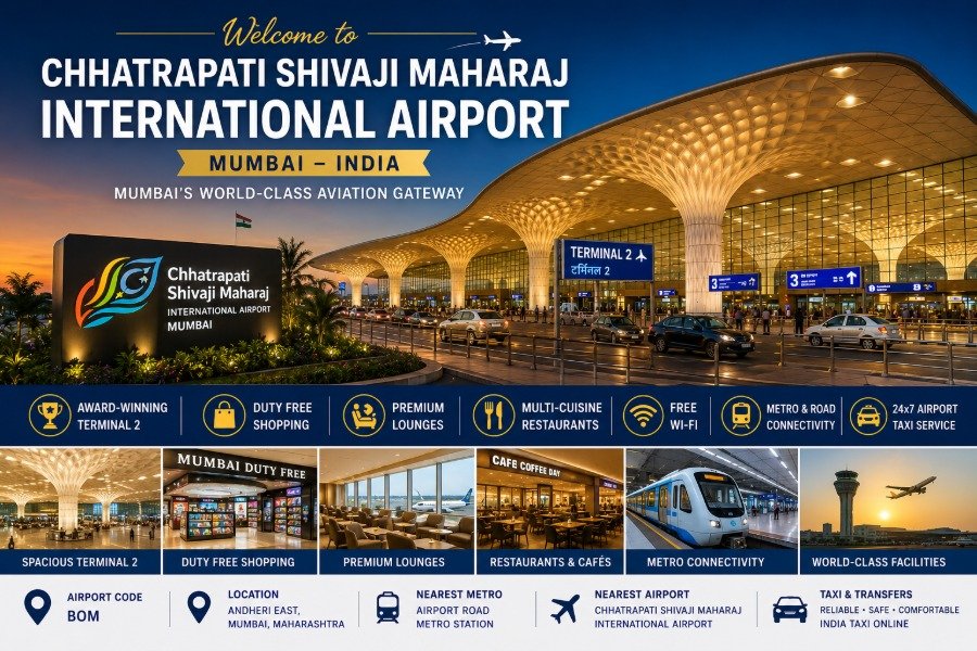 Chhatrapati Shivaji Maharaj International Airport Mumbai featuring Terminal 2 architecture, aircraft, passenger facilities, lounges, and modern airport infrastructure