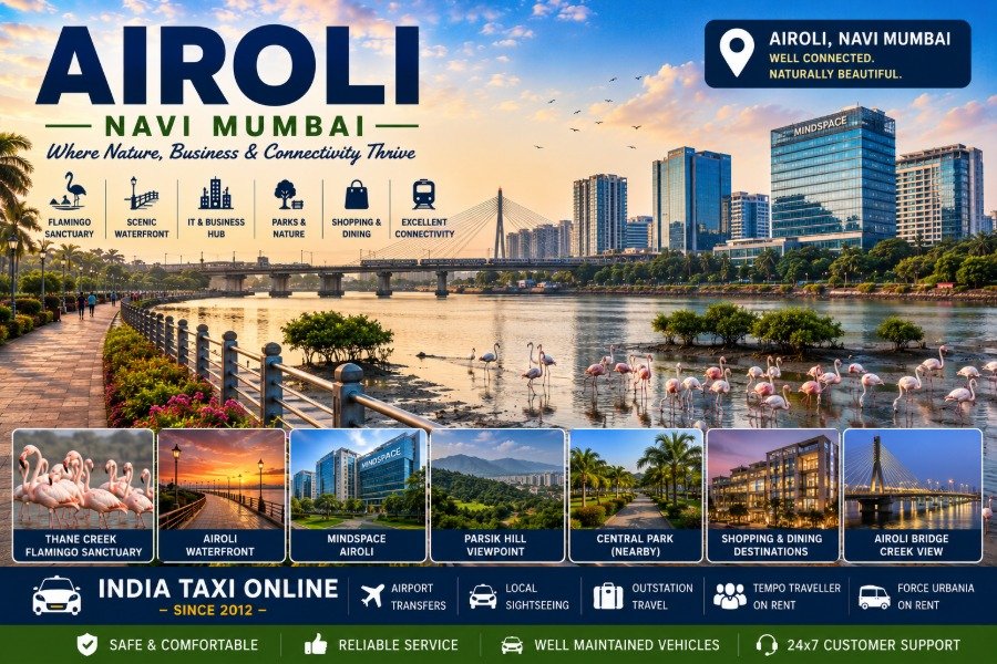 Scenic Airoli featuring Thane Creek, waterfront promenade, flamingos, modern skyline and Airoli Bridge