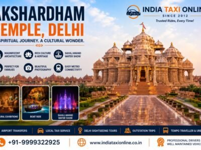 Grand view of Akshardham Temple in Delhi with landscaped gardens and traditional architecture.