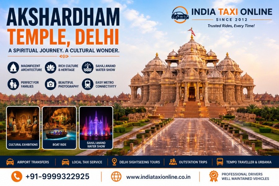 Grand view of Akshardham Temple in Delhi with landscaped gardens and traditional architecture.