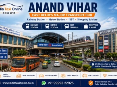 View of Anand Vihar in East Delhi featuring the metro station, railway terminal and surrounding commercial area.