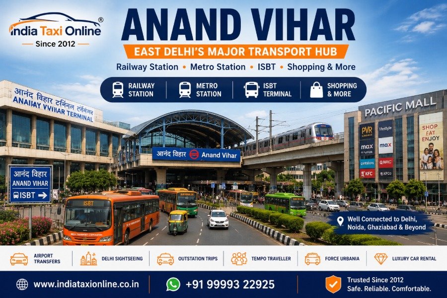 View of Anand Vihar in East Delhi featuring the metro station, railway terminal and surrounding commercial area.