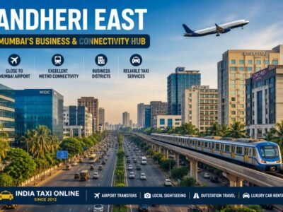 Andheri East Mumbai Business District Near Airport Skyline of Andheri East Mumbai near the international airport with commercial buildings and metro connectivity