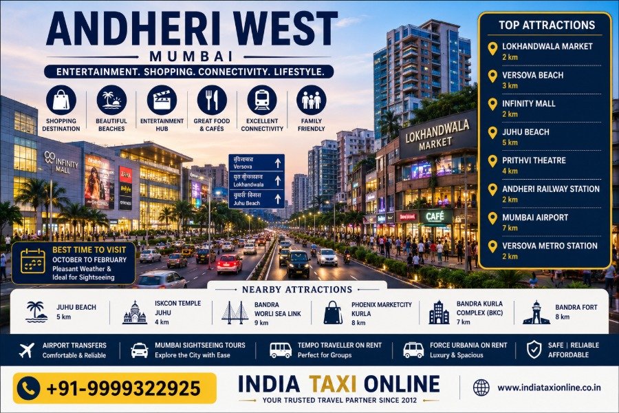 Andheri West in Mumbai featuring Lokhandwala, modern shopping centres, cafés, entertainment district and vibrant city streets