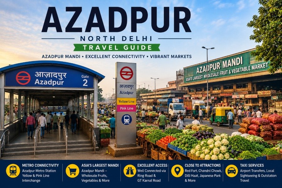 Azadpur Mandi in North Delhi with bustling wholesale fruit and vegetable market, Metro connectivity and vibrant commercial streets