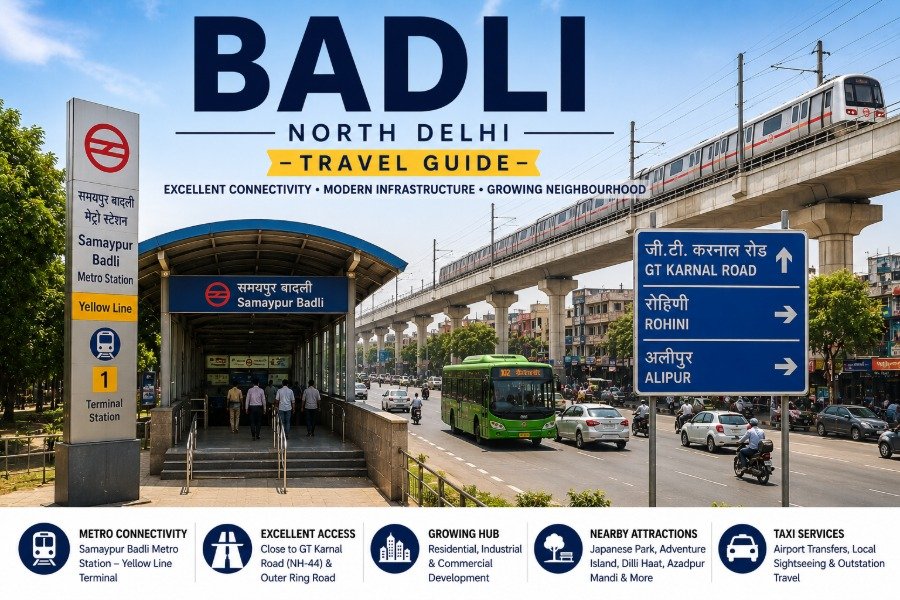 Samaypur Badli Metro Station in North Delhi with modern transport infrastructure, wide roads and excellent connectivity