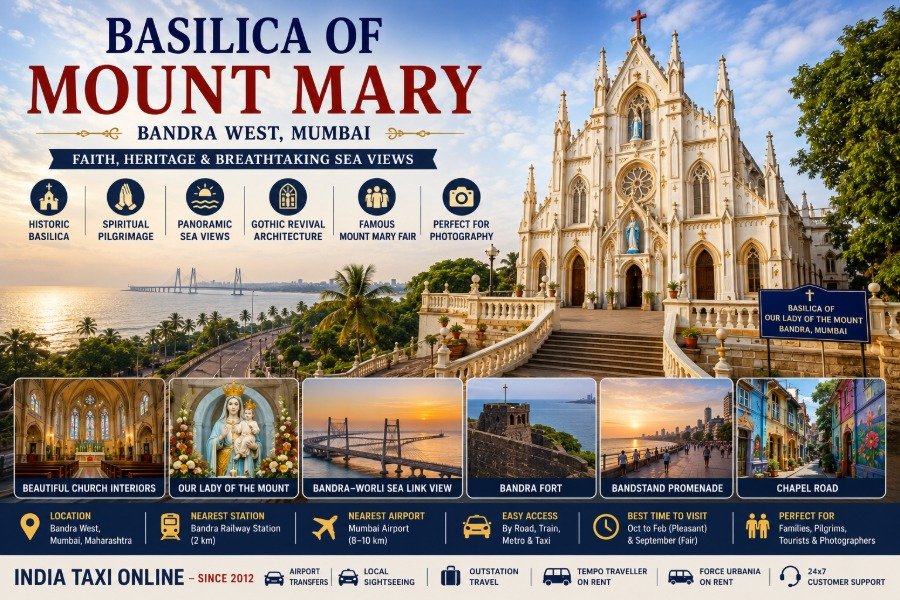 Basilica of Mount Mary in Bandra West featuring Gothic Revival architecture, hilltop location and Arabian Sea views