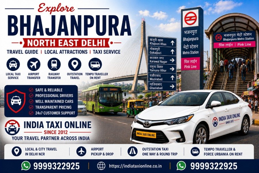 Bhajanpura in North East Delhi featuring Signature Bridge, local markets and reliable taxi services by India Taxi Online.