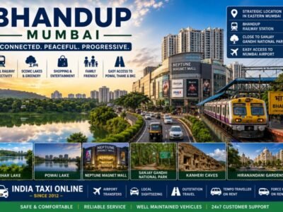 Bhandup Mumbai Vihar Lake and Modern Eastern Suburb Scenic view of Bhandup in Mumbai featuring Vihar Lake, Neptune Magnet Mall, Central Railway and modern skyline