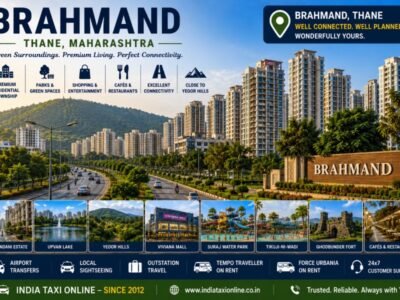 Brahmand Premium Township and Green Spaces in Thane Scenic Brahmand featuring premium residential towers, landscaped roads, green parks and Yeoor Hills in the background
