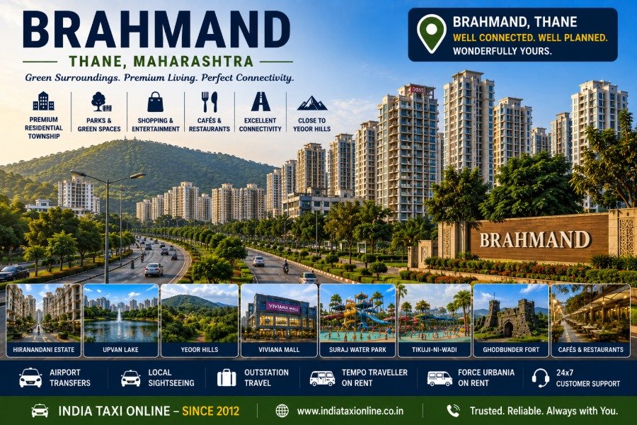 Scenic Brahmand featuring premium residential towers, landscaped roads, green parks and Yeoor Hills in the background