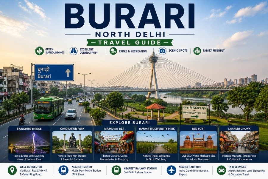 Burari in North Delhi featuring Signature Bridge, green surroundings, residential neighbourhoods and excellent road connectivity