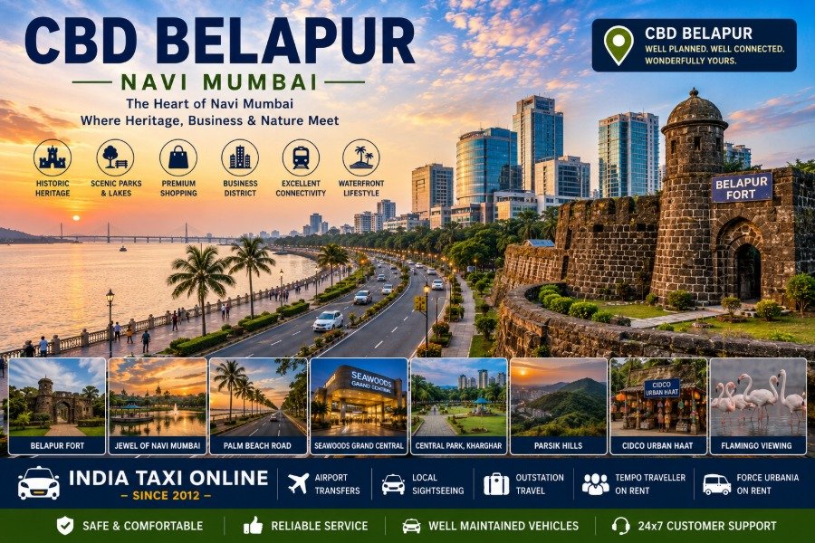 Scenic CBD Belapur featuring Belapur Fort, Palm Beach Road, waterfront promenade, modern skyline and landscaped parks