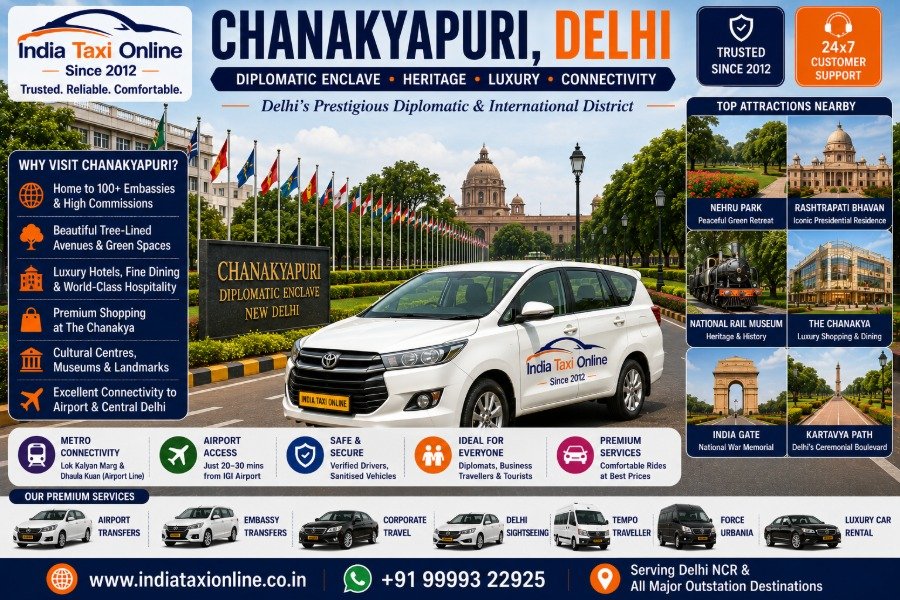Chanakyapuri featuring Diplomatic Enclave, embassies, luxury hotels, tree-lined avenues and international district in New Delhi.