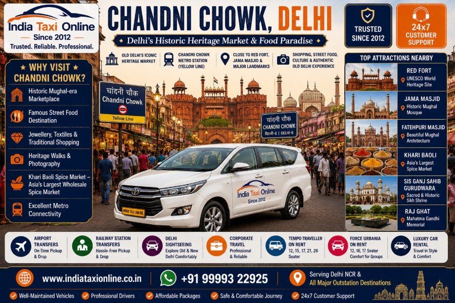 Chandni Chowk market featuring Red Fort, Jama Masjid, Khari Baoli, bustling shopping streets and Old Delhi heritage.