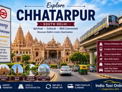 Chhatarpur Temple, South Delhi skyline, Metro connectivity, heritage attractions and India Taxi Online services