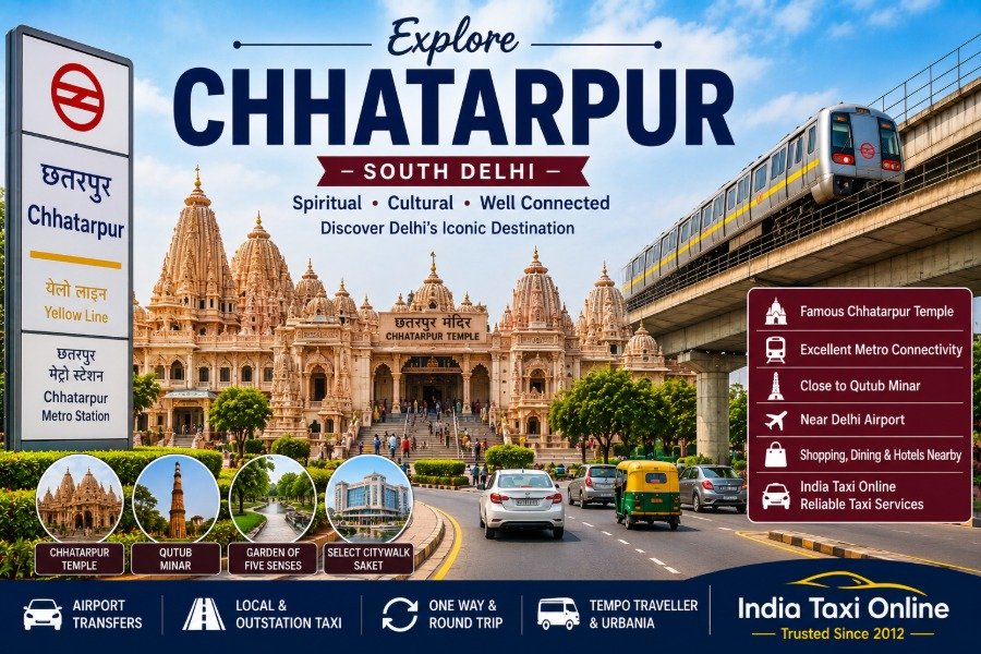 Chhatarpur Temple, South Delhi skyline, Metro connectivity, heritage attractions and India Taxi Online services