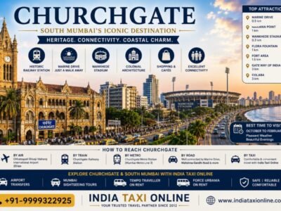 Churchgate in South Mumbai featuring the historic railway station, Marine Drive, Wankhede Stadium and surrounding heritage buildings