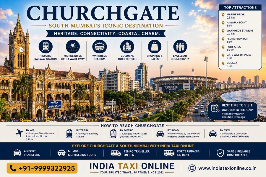 Churchgate in South Mumbai featuring the historic railway station, Marine Drive, Wankhede Stadium and surrounding heritage buildings
