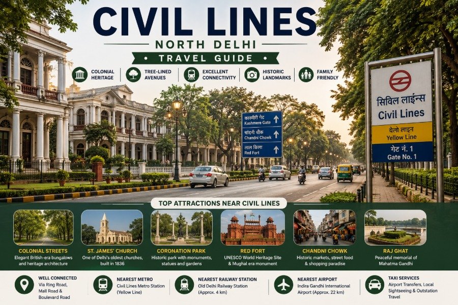 Civil Lines in North Delhi featuring colonial architecture, tree-lined roads, heritage buildings and Civil Lines Metro Station