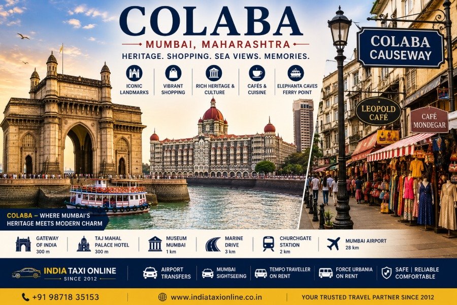 Colaba in South Mumbai featuring the Gateway of India, Taj Mahal Palace Hotel, Colaba Causeway and Arabian Sea waterfront