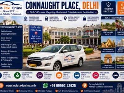 Connaught Place featuring colonial architecture, Central Park, Rajiv Chowk Metro Station, shopping arcades and New Delhi city centre.