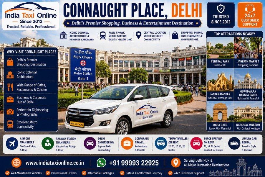 Connaught Place featuring colonial architecture, Central Park, Rajiv Chowk Metro Station, shopping arcades and New Delhi city centre.