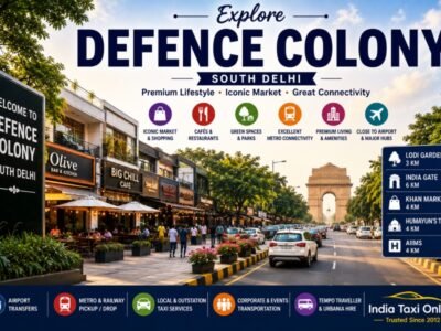 Defence Colony Market in South Delhi featuring premium cafés, tree-lined streets, luxury residences, boutique shopping, and excellent connectivity