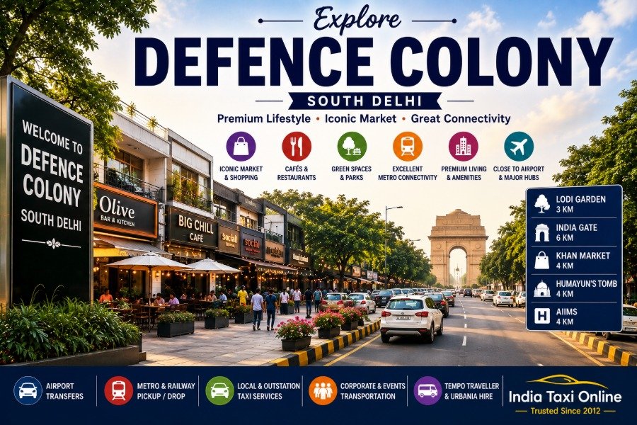 Defence Colony Market in South Delhi featuring premium cafés, tree-lined streets, luxury residences, boutique shopping, and excellent connectivity