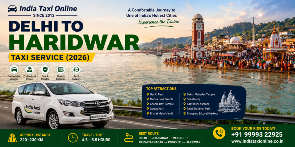 India Taxi Online 2 Delhi to Haridwar Taxi Service (2026) Distance, Route, Places to Visit, Travel Tips & Cab Booking Guide