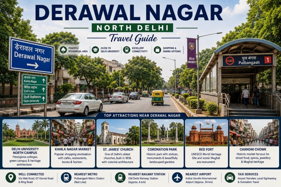 Derawal Nagar in North Delhi featuring tree-lined streets, residential neighbourhoods, nearby Delhi University and excellent connectivity