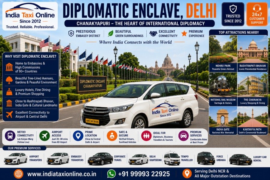 Diplomatic Enclave in Chanakyapuri featuring embassies, luxury hotels, tree-lined avenues and international diplomatic district in New Delhi.