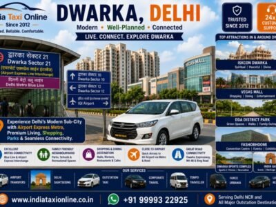 Dwarka Sector 21 Metro Station, modern skyline, wide roads, Vegas Mall and residential sectors in South West Delhi.