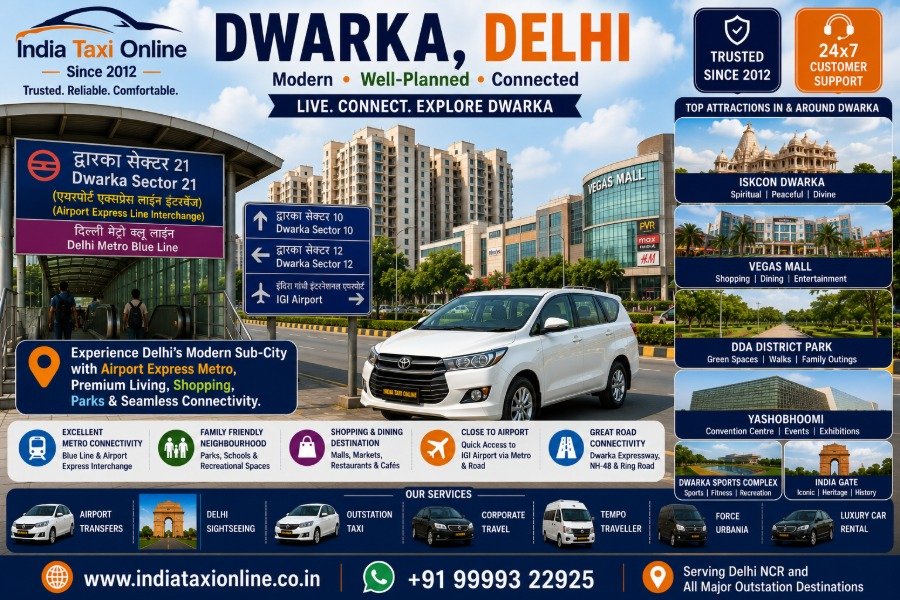 Dwarka Sector 21 Metro Station, modern skyline, wide roads, Vegas Mall and residential sectors in South West Delhi.
