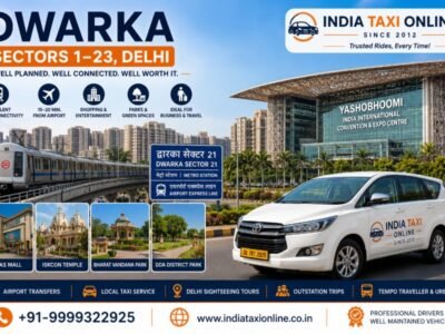 India Taxi Online taxi service in Dwarka Sectors 1–23 with Delhi Metro, modern skyline and airport connectivity.