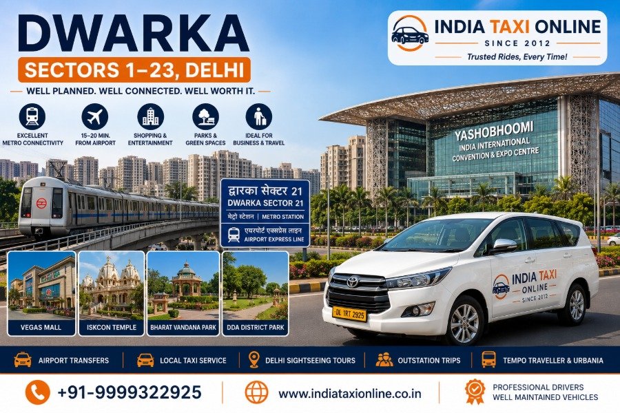 India Taxi Online taxi service in Dwarka Sectors 1–23 with Delhi Metro, modern skyline and airport connectivity.