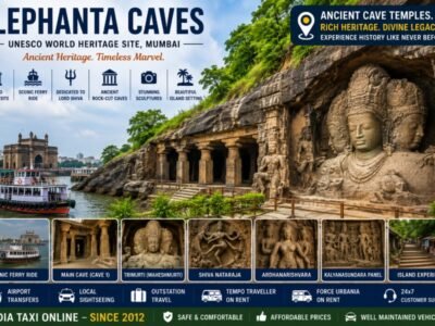 Ancient Elephanta Caves featuring rock-cut temples, Trimurti sculpture, lush island surroundings and Mumbai Harbour