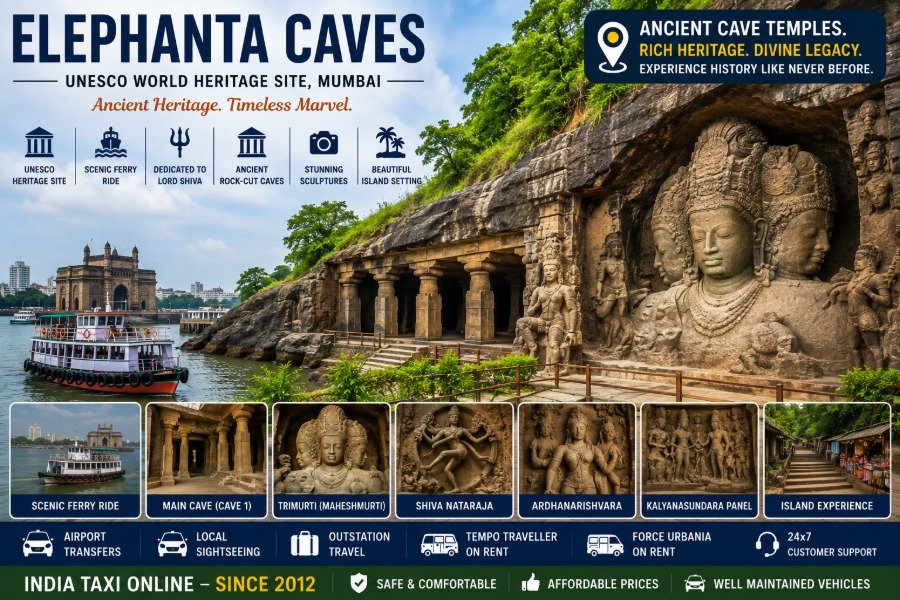 Ancient Elephanta Caves featuring rock-cut temples, Trimurti sculpture, lush island surroundings and Mumbai Harbour