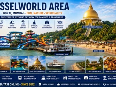 Scenic EsselWorld Area featuring Water Kingdom, Gorai Beach, Global Vipassana Pagoda and coastal landscapes in Mumbai