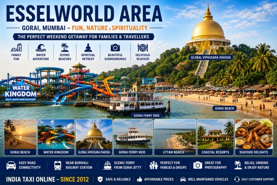 Scenic EsselWorld Area featuring Water Kingdom, Gorai Beach, Global Vipassana Pagoda and coastal landscapes in Mumbai