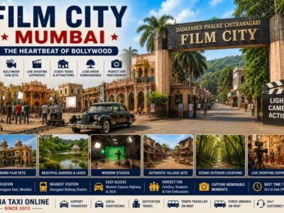 Film City Mumbai featuring Bollywood film sets, studio buildings, outdoor shooting locations and lush green surroundings