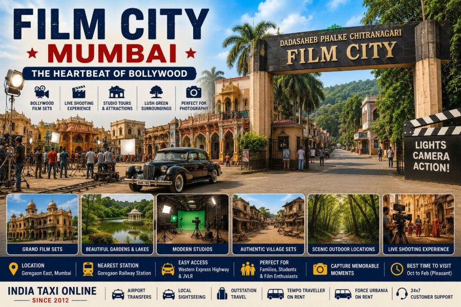Film City Mumbai featuring Bollywood film sets, studio buildings, outdoor shooting locations and lush green surroundings